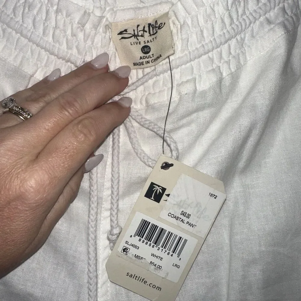 Salt Life Women’s Coastal Pant White Flax Linen Blend Drawstring Casual Pants L